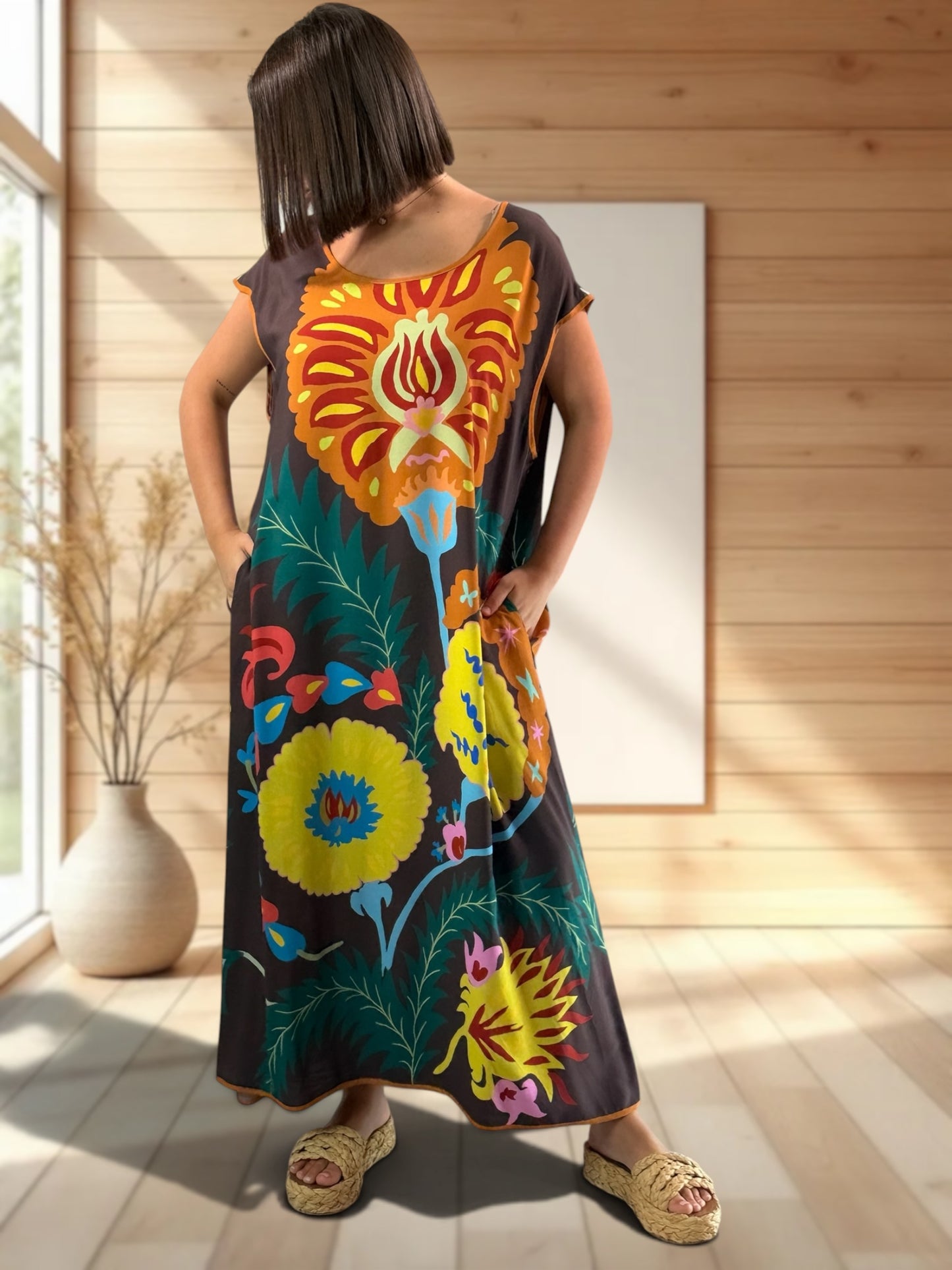 YOCO - ROBE OVERSIZE MARRON A MOTIF JUSQU'A LA TAILLE 50
