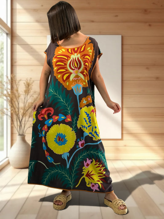 YOCO - ROBE OVERSIZE MARRON A MOTIF JUSQU'A LA TAILLE 50