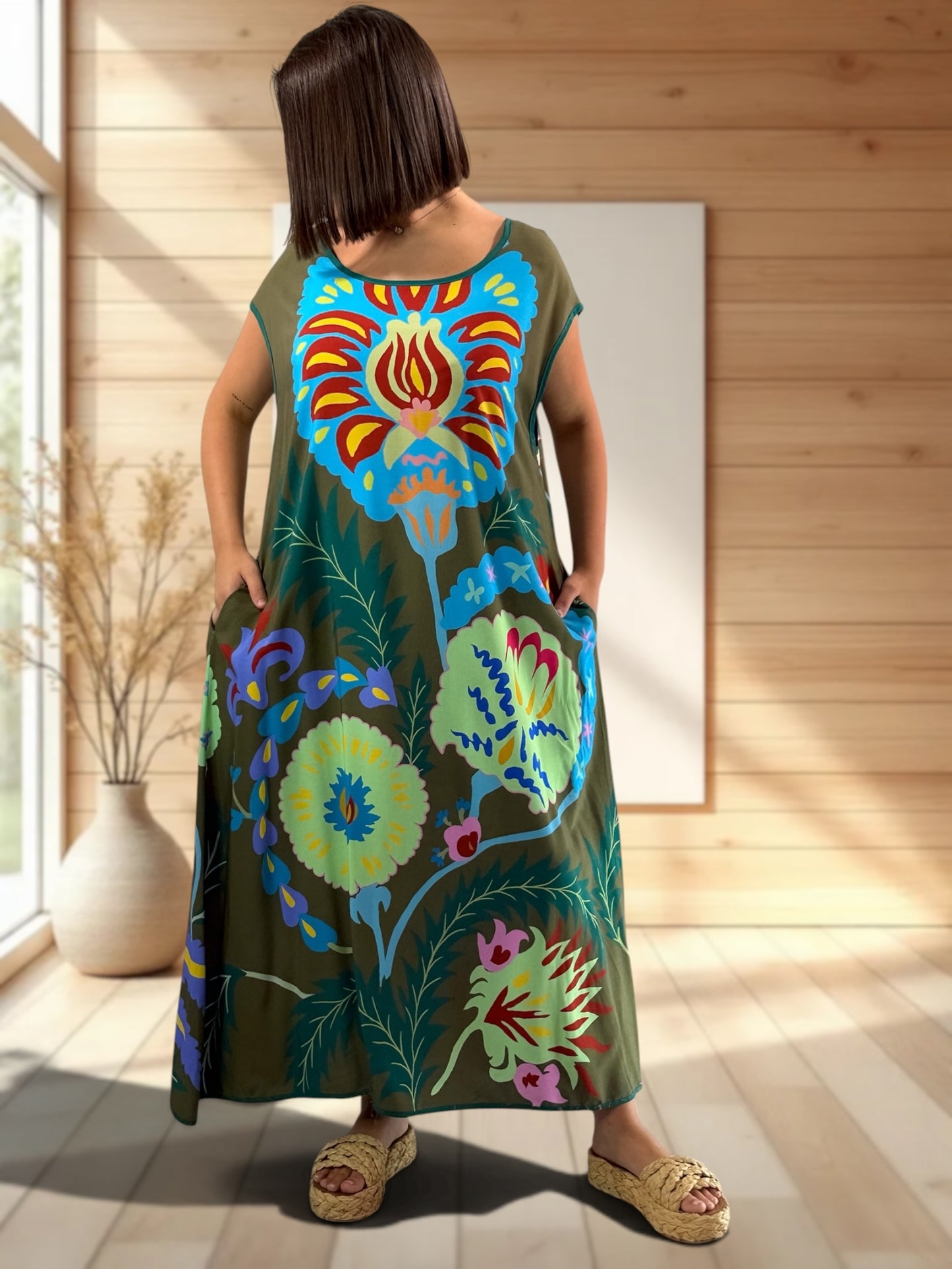 YOCO - ROBE OVERSIZE KAKI A MOTIF JUSQU'A LA TAILLE 50