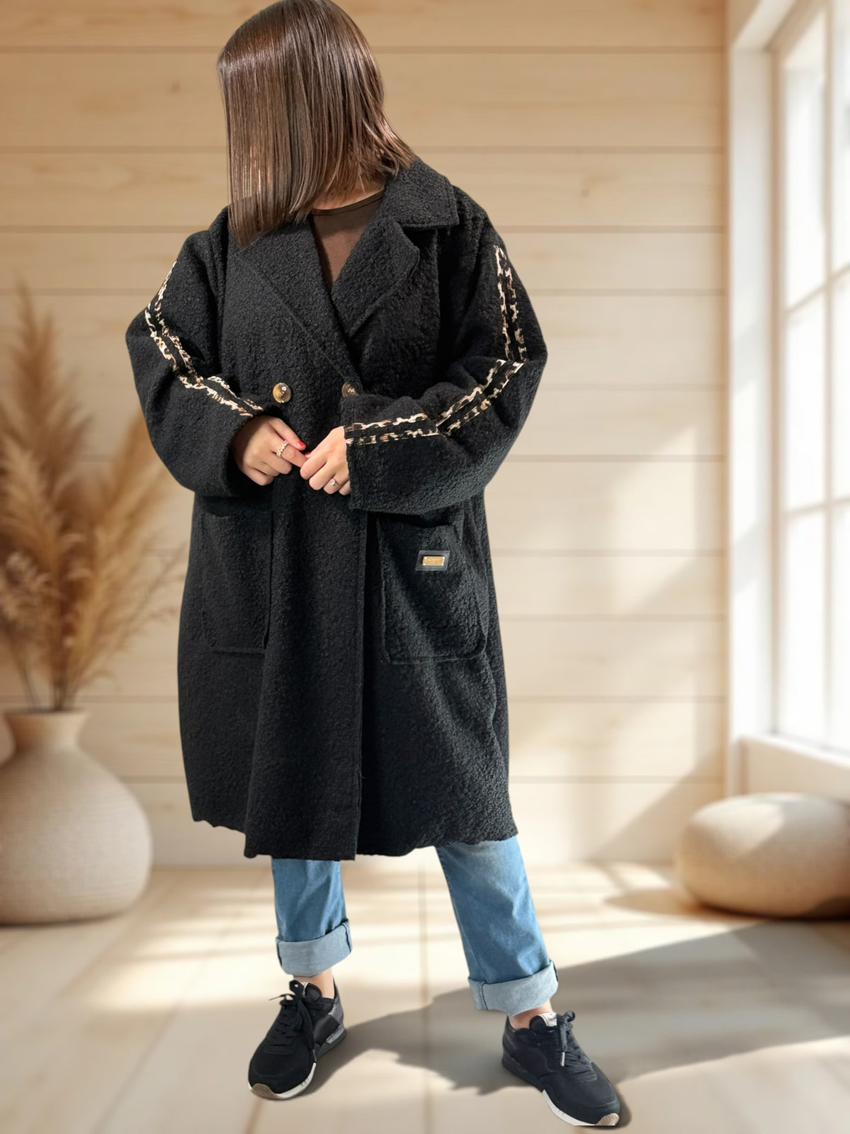 CLARICE - MANTEAU NOIR A BOUCLETTE JUSQU'A LA TAILLE 48/50 A 56