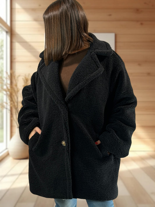 MEGEVE - VESTE NOIRE OVERSIZE EN MOUMOUTE  JUSQU'A LA TAILLE 52