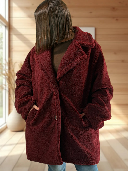 MEGEVE - VESTE BORDEAUX OVERSIZE EN MOUMOUTE JUSQU'A LA TAILLE 52