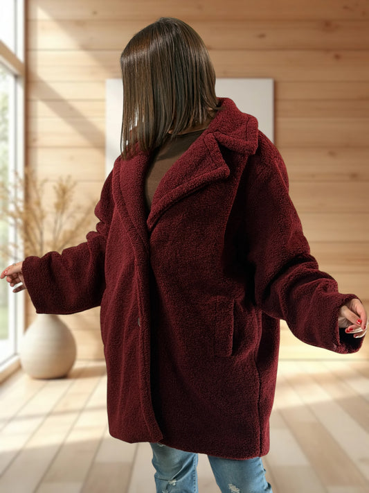 MEGEVE - VESTE BORDEAUX OVERSIZE EN MOUMOUTE JUSQU'A LA TAILLE 52