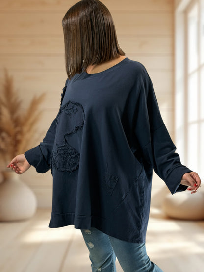 MICHOU - SWEAT OVERSIZE MARINE JUSQU'A LA TAILLE 56/58