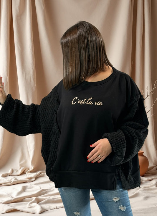 PABLO - SWEAT OVERSIZE BI-MATIERE NOIR JUSQU'A LA TAILLE 52/54