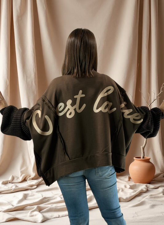 PABLO - SWEAT OVERSIZE BI-MATIERE MARRON JUSQU'A LA TAILLE 52/54