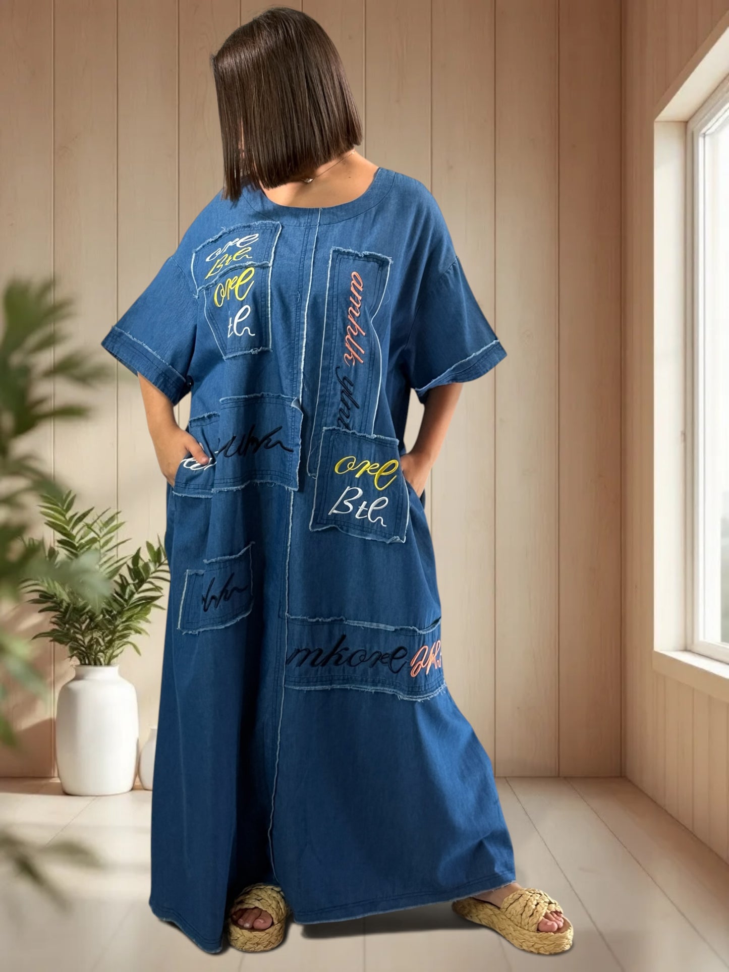 LAURETTA - ROBE LONGUE OVERSIZE EN TENCELL BRODEE JUSQU'A LA TAILLE 56