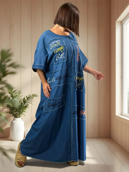 LAURETTA - ROBE LONGUE OVERSIZE EN TENCELL BRODEE JUSQU'A LA TAILLE 56