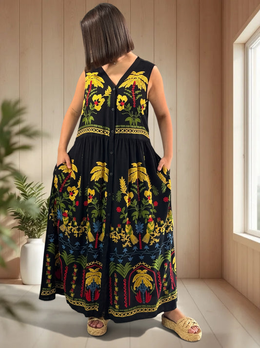 SIMONA - ROBE LONGUE NOIRE BRODEE JUSQU'A LA TAILLE 48