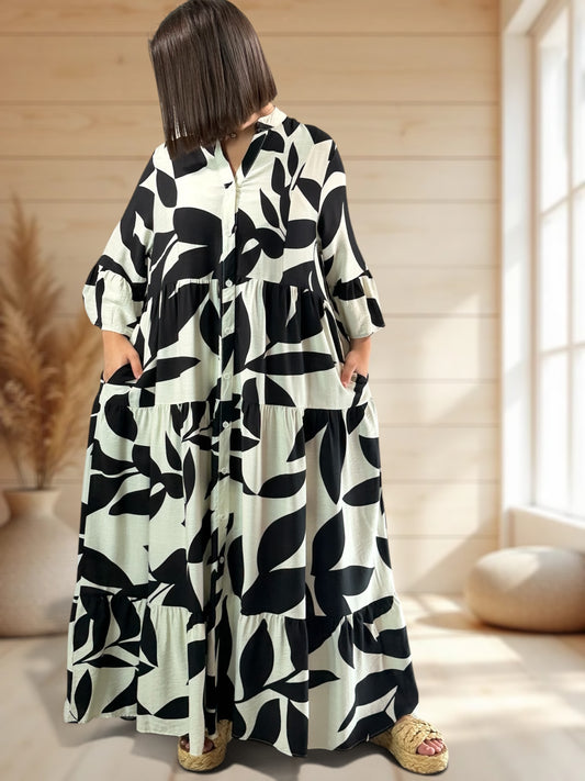CARLA - ROBE LONGUE MOTIF NOIR JUSQU'A LA TAILLE 48