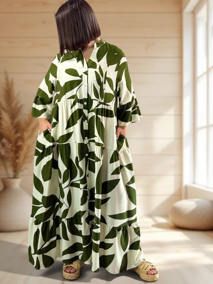 CARLA - ROBE LONGUE MOTIF KAKI JUSQU'A LA TAILLE 48