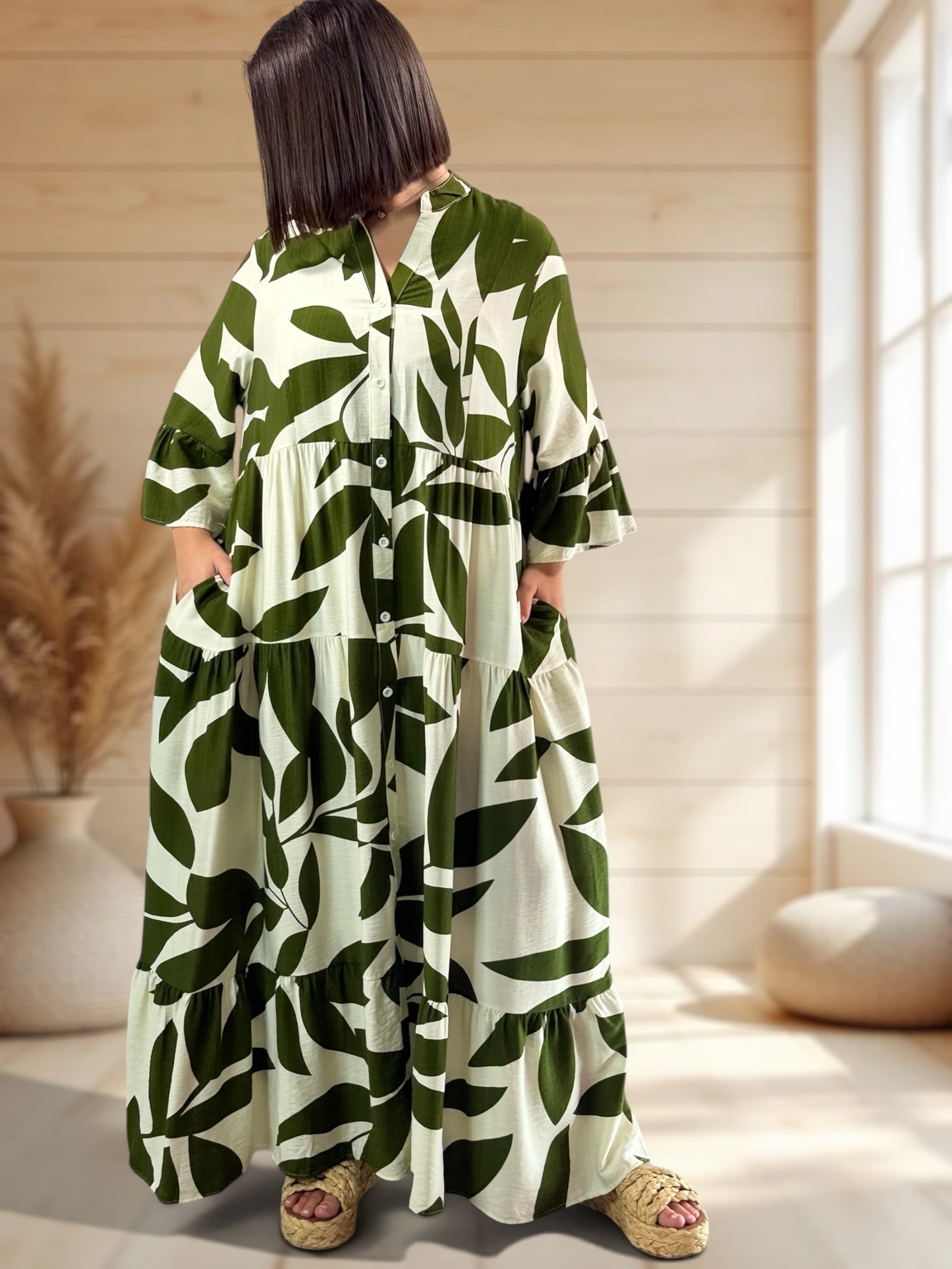 CARLA - ROBE LONGUE MOTIF KAKI JUSQU'A LA TAILLE 48
