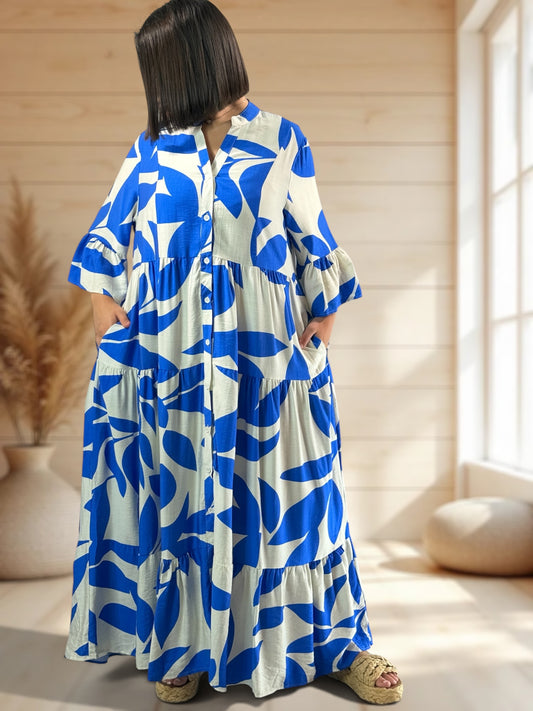 CARLA - ROBE LONGUE MOTIF BLEU JUSQU'A LA TAILLE 48