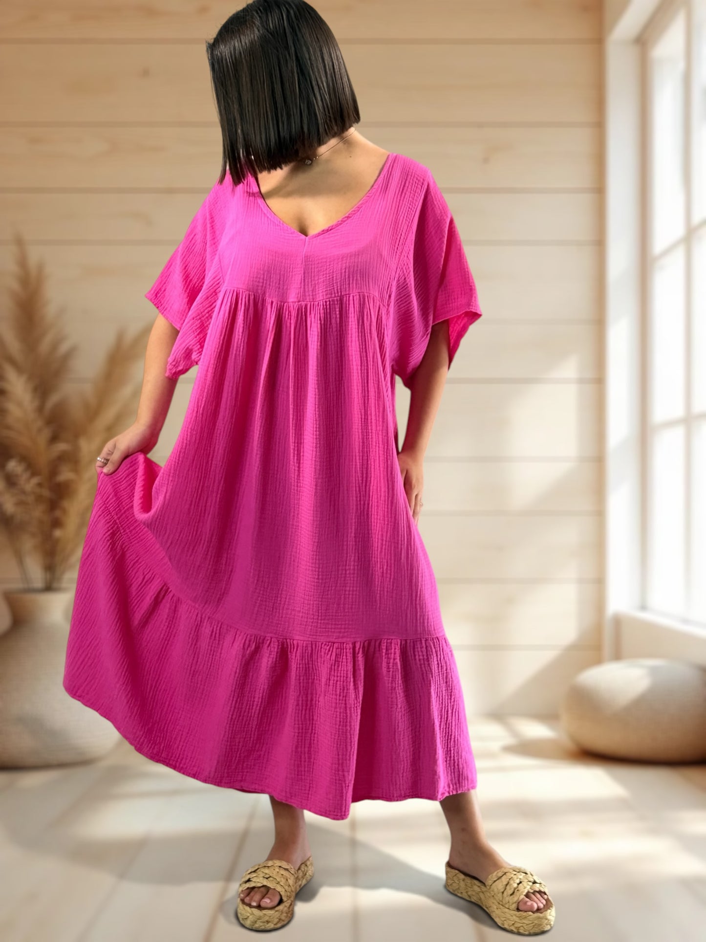 LAURETTE - ROBE LONGUE FUCHSIA EN GAZE DE COTON JUSQU'A LA TAILLE 54