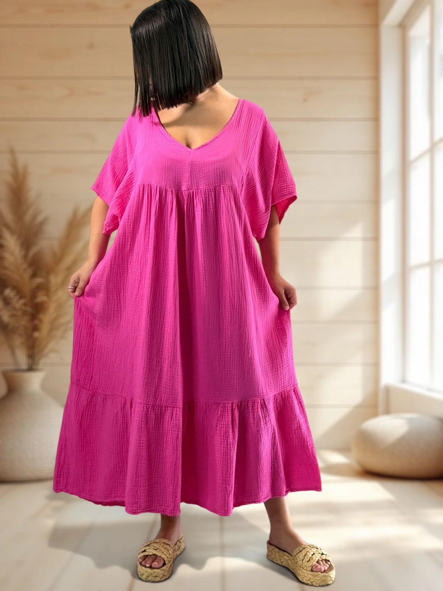 LAURETTE - ROBE LONGUE FUCHSIA EN GAZE DE COTON JUSQU'A LA TAILLE 54