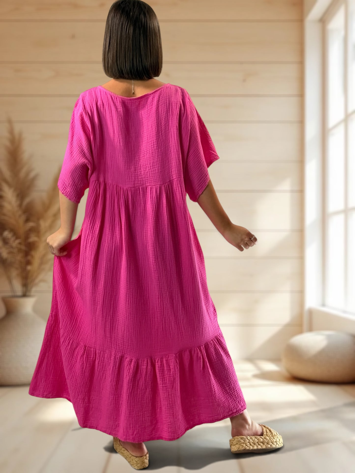 LAURETTE - ROBE LONGUE FUCHSIA EN GAZE DE COTON JUSQU'A LA TAILLE 54