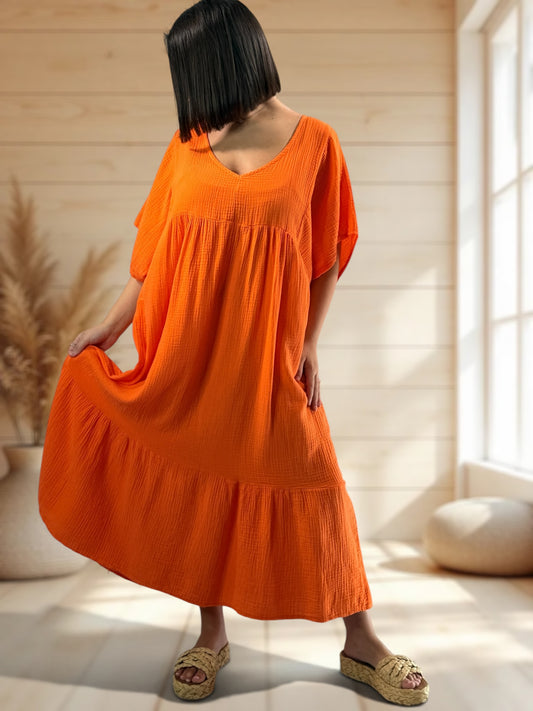 LAURETTE - ROBE LONGUE ORANGE EN GAZE DE COTON JUSQU'A LA TAILLE 54