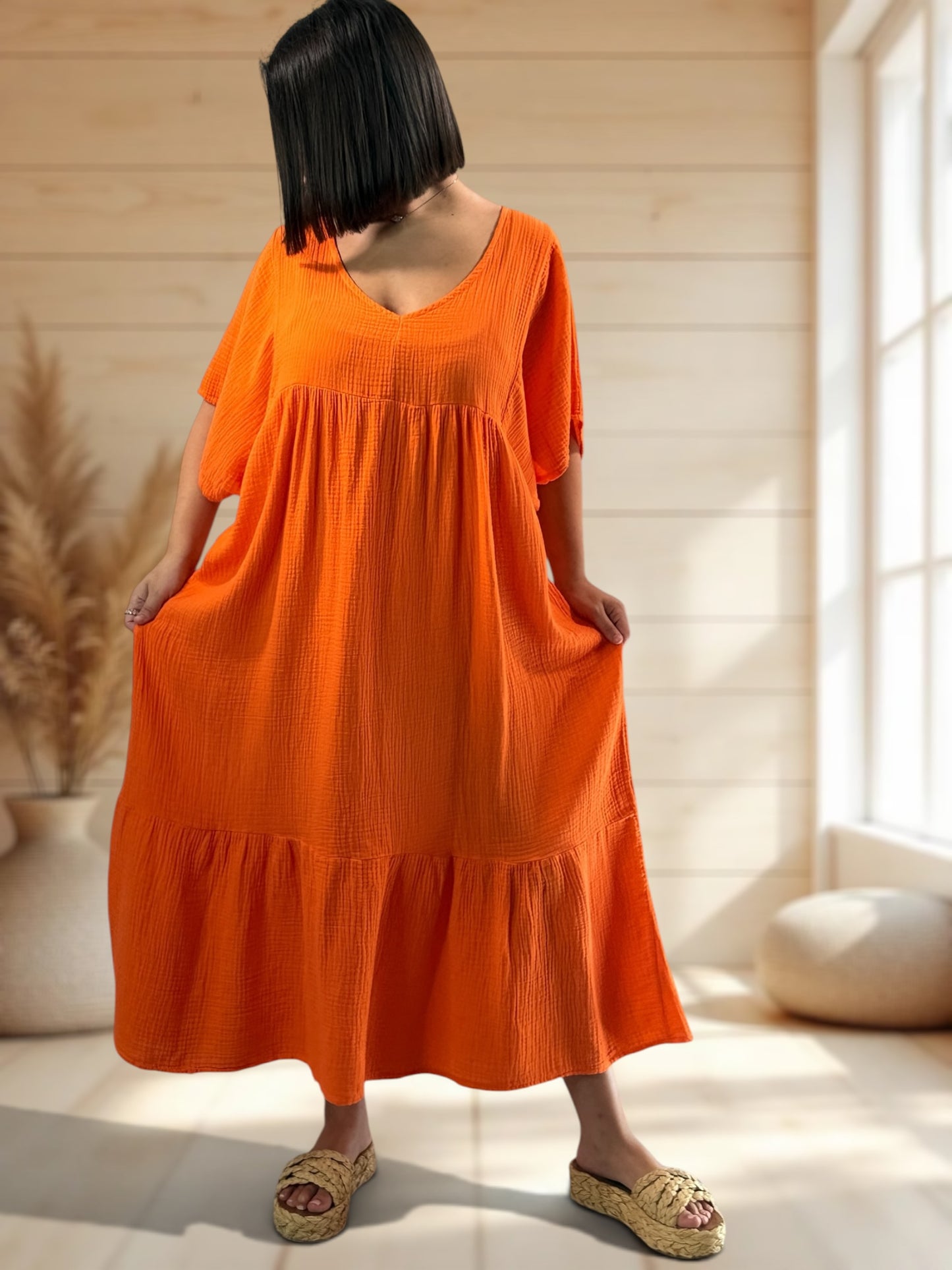 LAURETTE - ROBE LONGUE ORANGE EN GAZE DE COTON JUSQU'A LA TAILLE 54