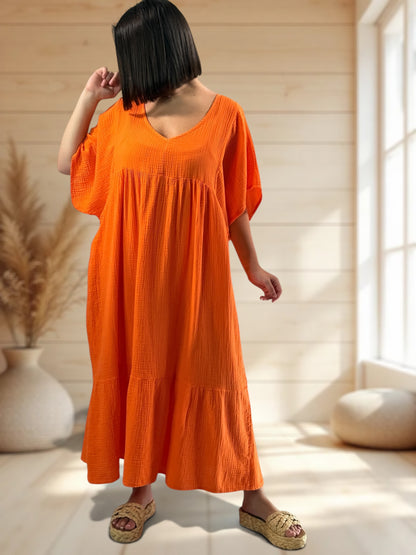 LAURETTE - ROBE LONGUE ORANGE EN GAZE DE COTON JUSQU'A LA TAILLE 54