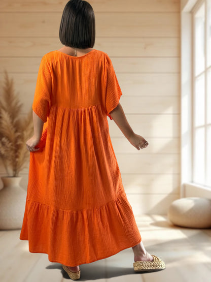 LAURETTE - ROBE LONGUE ORANGE EN GAZE DE COTON JUSQU'A LA TAILLE 54