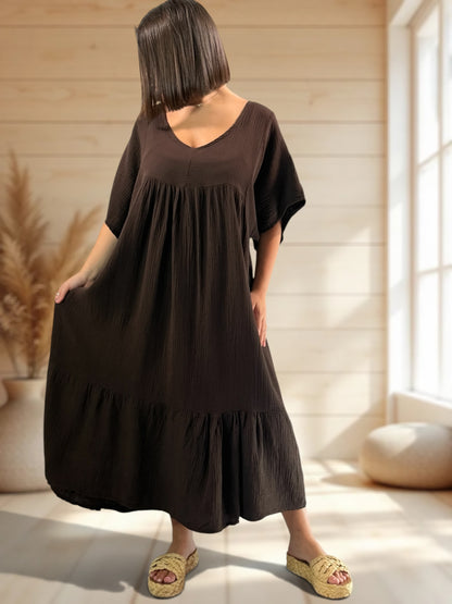 LAURETTE - ROBE LONGUE MARRON EN GAZE DE COTON JUSQU'A LA TAILLE 54