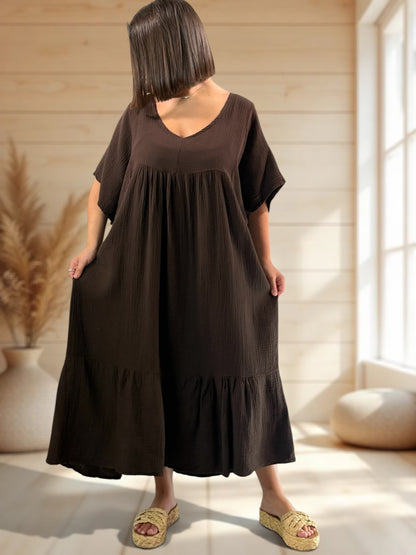 LAURETTE - ROBE LONGUE MARRON EN GAZE DE COTON JUSQU'A LA TAILLE 54