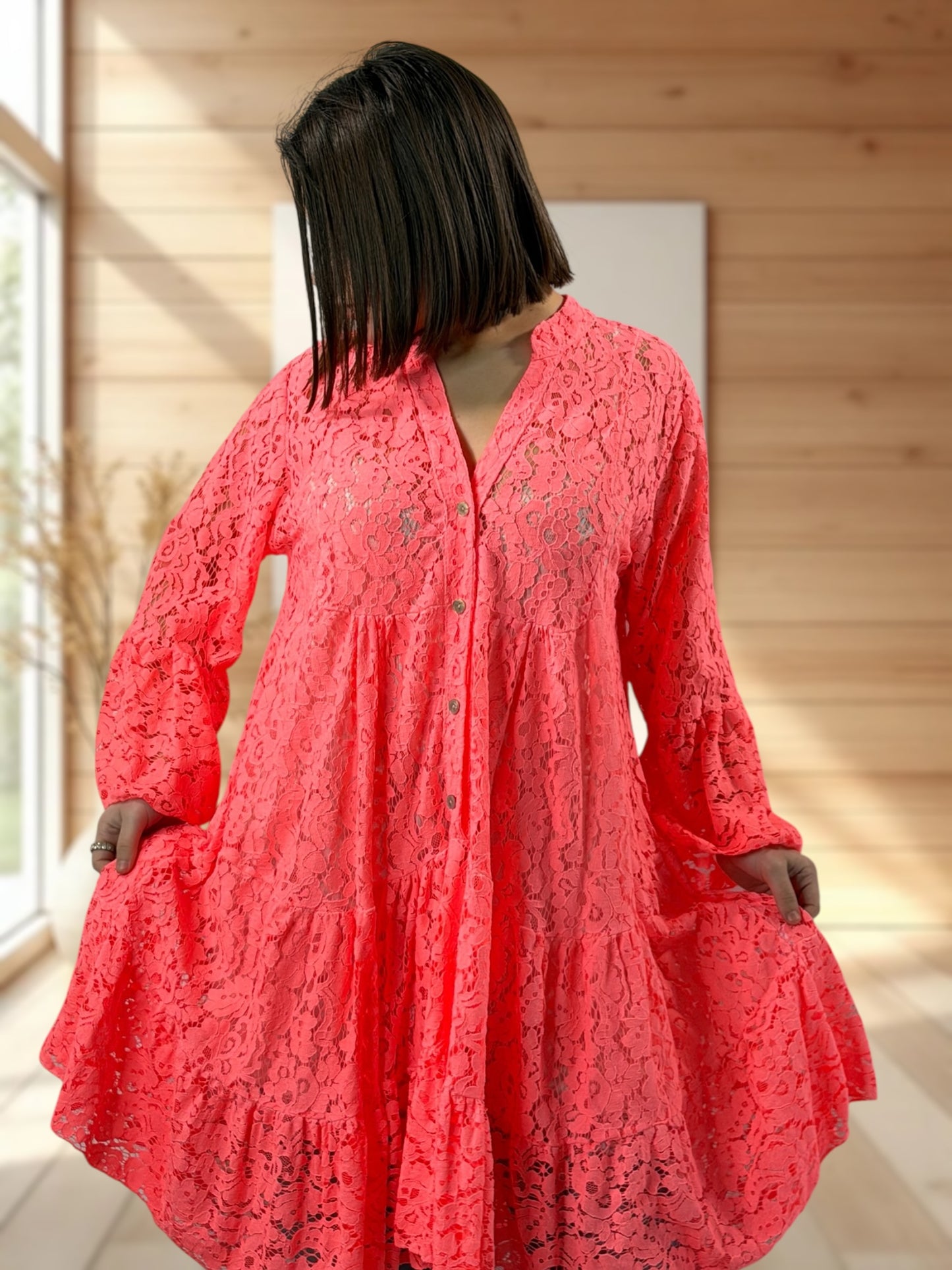 MANON  - TUNIQUE CORAIL EN DENTELLE JUSQU'A LA TAILLE 48/50