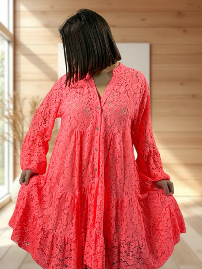 MANON  - TUNIQUE CORAIL EN DENTELLE JUSQU'A LA TAILLE 48/50