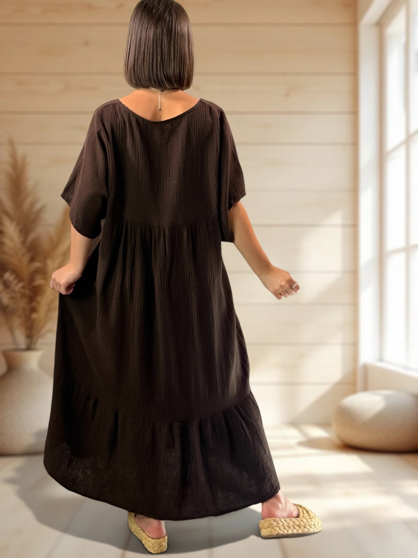 LAURETTE - ROBE LONGUE MARRON EN GAZE DE COTON JUSQU'A LA TAILLE 54