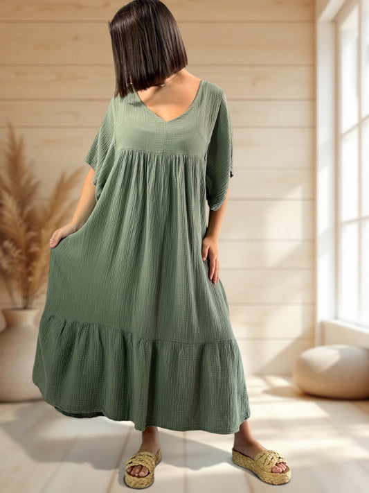 LAURETTE - ROBE LONGUE KAKI EN GAZE DE COTON JUSQU'A LA TAILLE 54