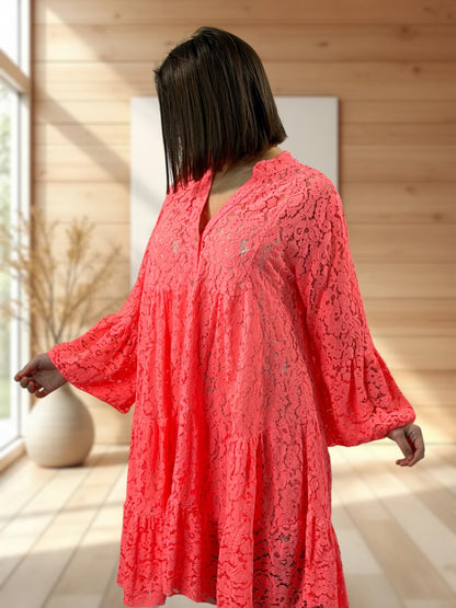 MANON  - TUNIQUE CORAIL EN DENTELLE JUSQU'A LA TAILLE 48/50