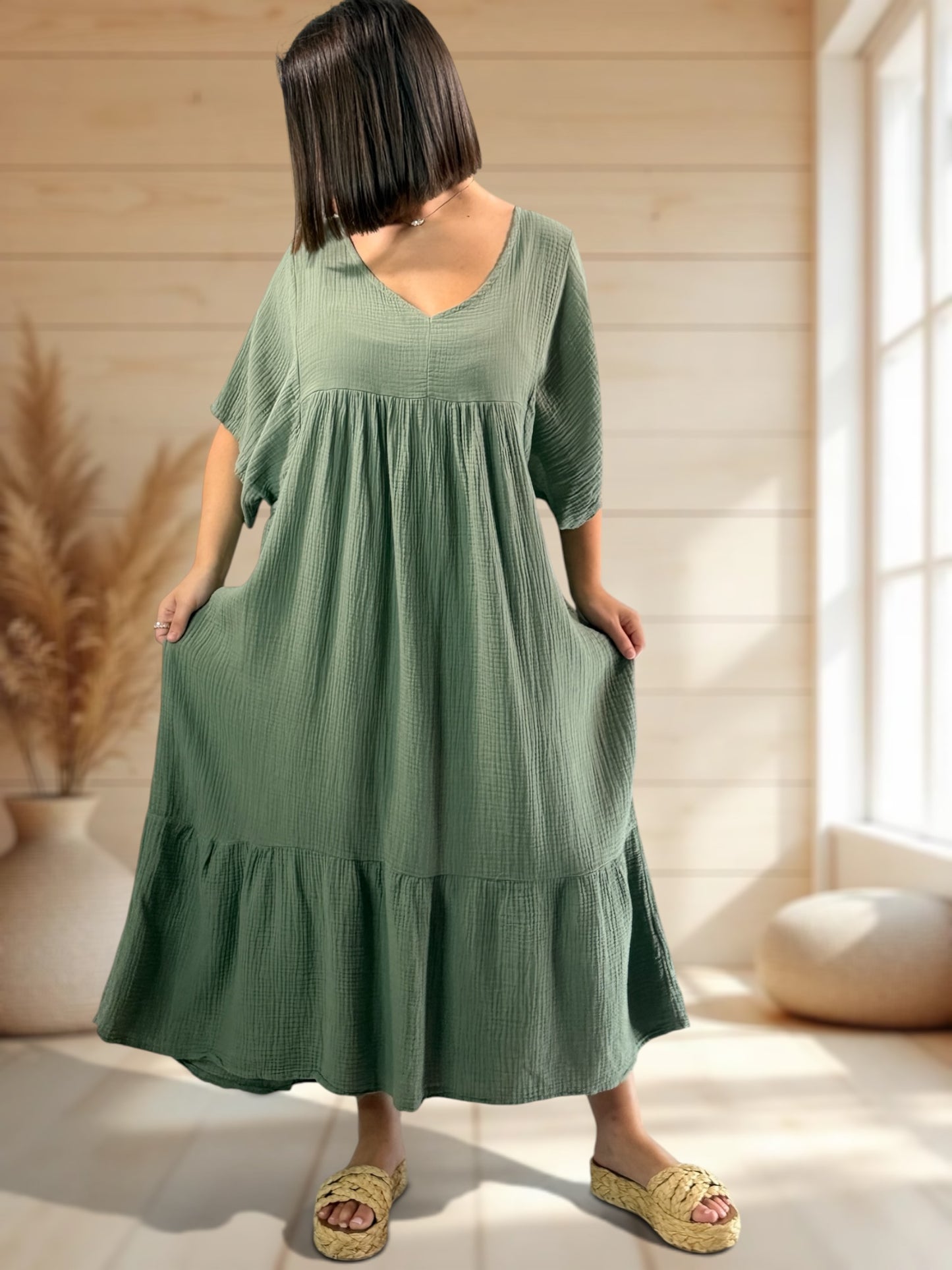 LAURETTE - ROBE LONGUE KAKI EN GAZE DE COTON JUSQU'A LA TAILLE 54