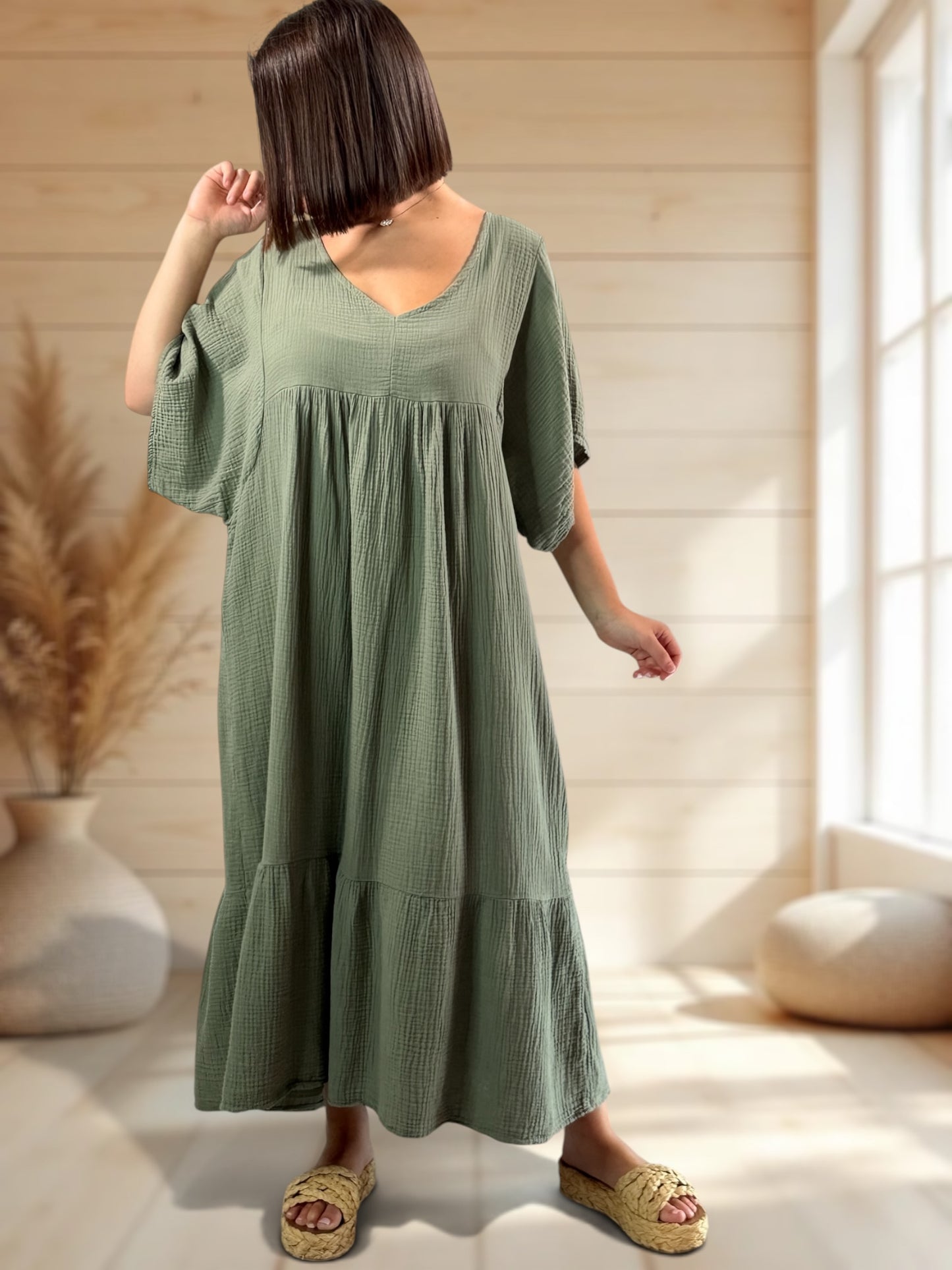 LAURETTE - ROBE LONGUE KAKI EN GAZE DE COTON JUSQU'A LA TAILLE 54