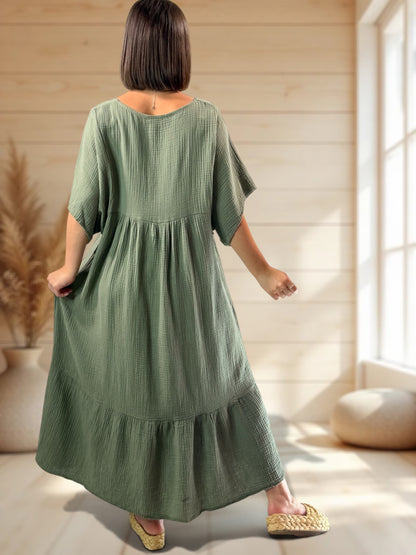LAURETTE - ROBE LONGUE KAKI EN GAZE DE COTON JUSQU'A LA TAILLE 54