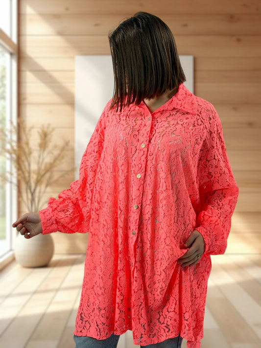 CAPUCINE - CHEMISE OVERSIZE CORAIL EN DENTELLE JUSQU'A LA TAILLE 58/60
