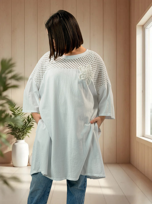 MARION  - TUNIQUE BLANCHE EN COTON HAUT EN CROCHET JUSQU'A LA TAILLE 56