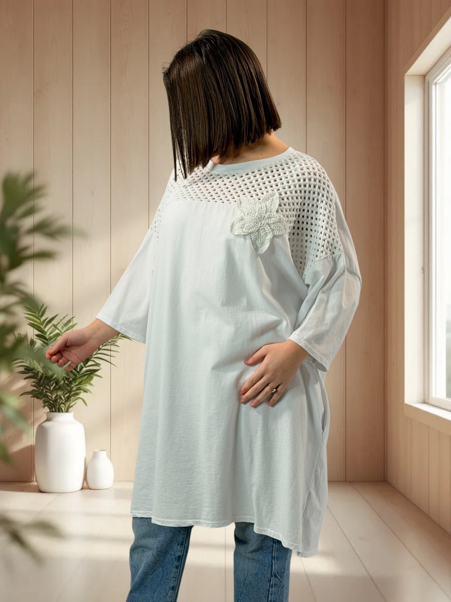 MARION  - TUNIQUE BLANCHE EN COTON HAUT EN CROCHET JUSQU'A LA TAILLE 56