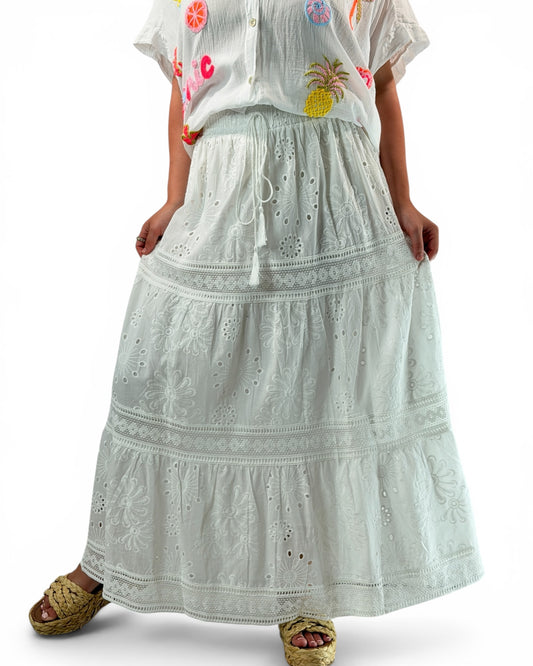 FELICIA - JUPON BOHEME EN BRODERIE ANGLAISE BLANC JUSQU'A LA TAILLE 48/50