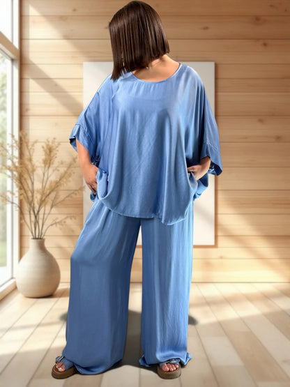 VENISE  - ENSEMBLE TUNIQUE ET PANTALON BLEU JUSQU'A LA TAILLE 52