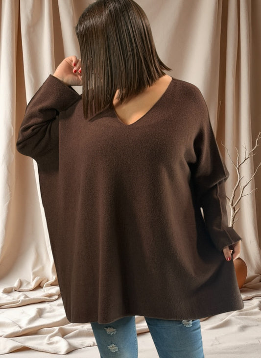 PAOLA - PULL OVERSIZE MARRON JUSQU'A LA TAILLE 54/56