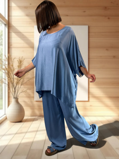 VENISE  - ENSEMBLE TUNIQUE ET PANTALON BLEU JUSQU'A LA TAILLE 52