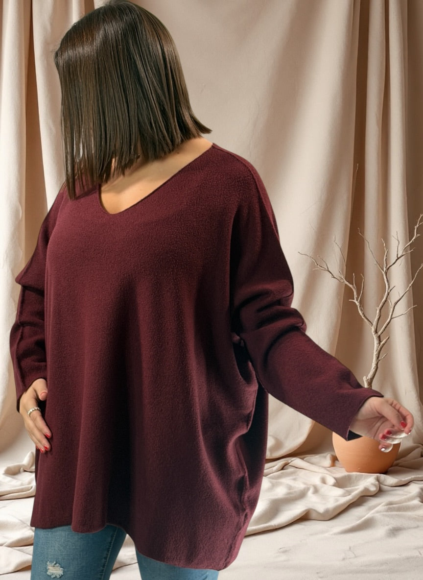 PAOLA - PULL OVERSIZE BORDEAUX JUSQU'A LA TAILLE 54/56