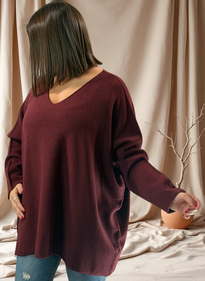 PAOLA - PULL OVERSIZE BORDEAUX JUSQU'A LA TAILLE 54/56