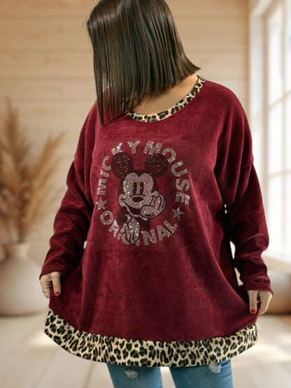 LUCKY - TUNIQUE OVERSIZE BORDEAUX AVEC MICKEY JUSQU'A LA TAILLE 54