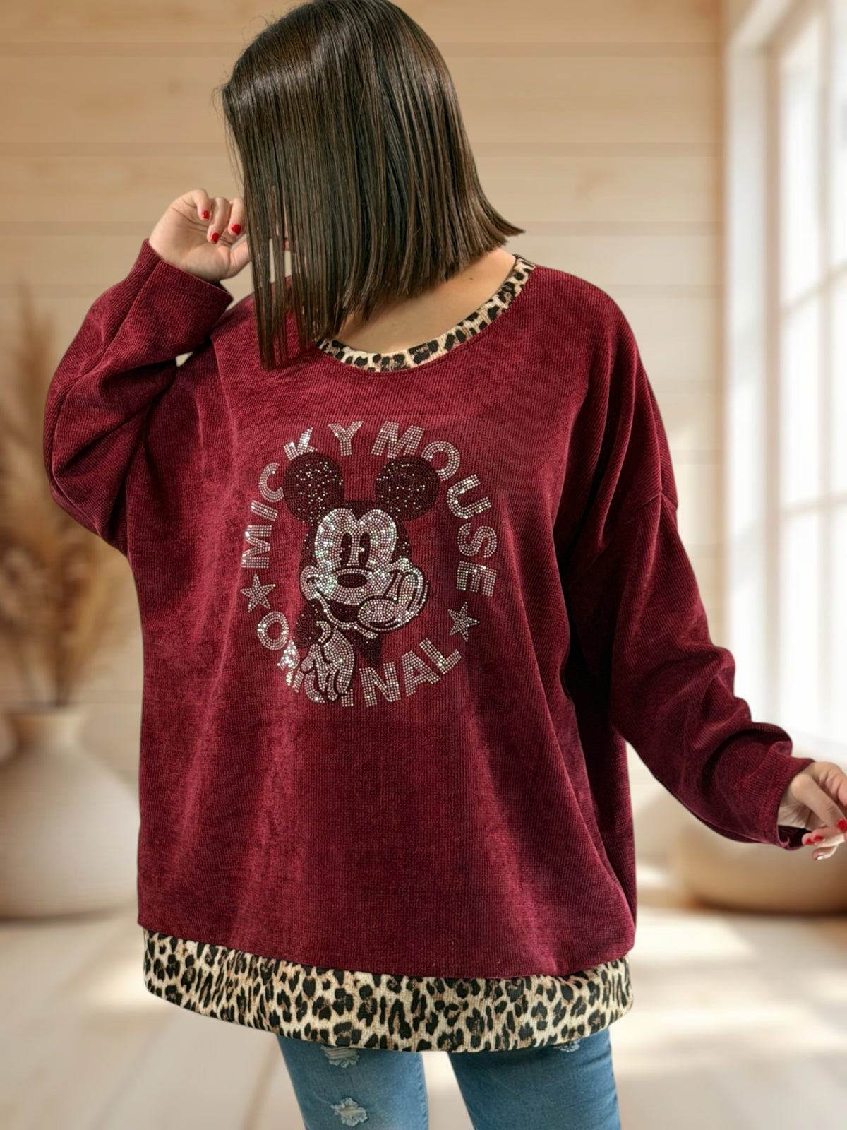 LUCKY - TUNIQUE OVERSIZE BORDEAUX AVEC MICKEY JUSQU'A LA TAILLE 54