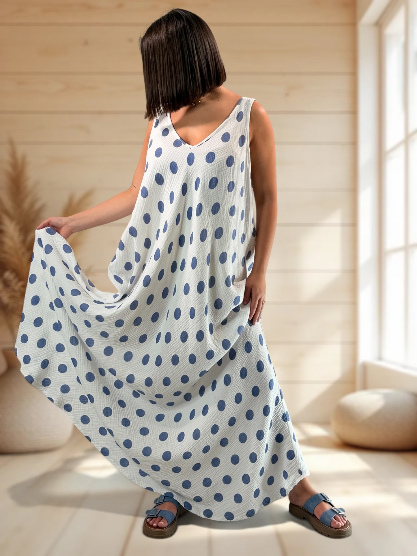 MAUDE - ROBE LONGUE POIS BLEU JUSQU'A LA TAILLE 58/60