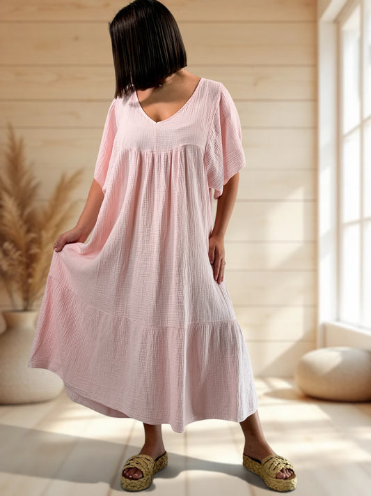 LAURETTE - ROBE LONGUE ROSE EN GAZE DE COTON JUSQU'A LA TAILLE 54