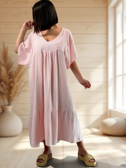 LAURETTE - ROBE LONGUE ROSE EN GAZE DE COTON JUSQU'A LA TAILLE 54