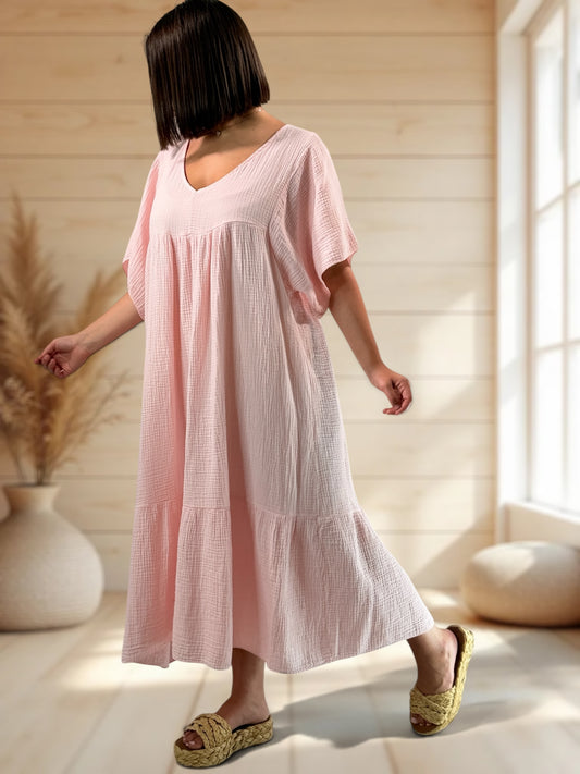LAURETTE - ROBE LONGUE ROSE EN GAZE DE COTON JUSQU'A LA TAILLE 54