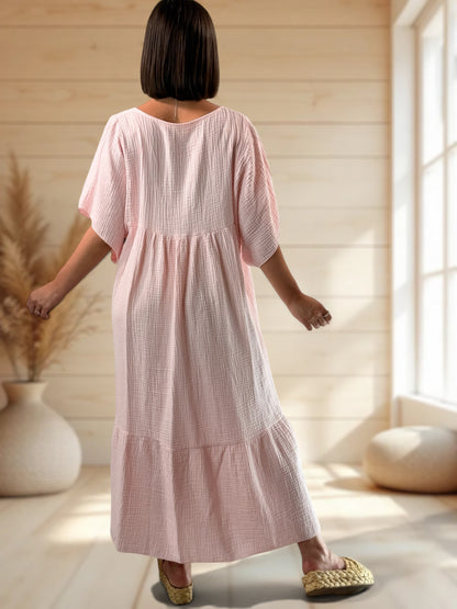 LAURETTE - ROBE LONGUE ROSE EN GAZE DE COTON JUSQU'A LA TAILLE 54